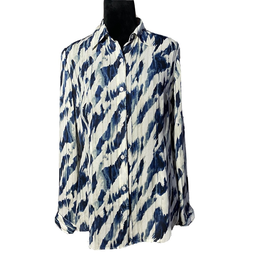 CAbi Blouse SMALL Gray Navy Blue Watercolor Stripe Long SL‎ Blouse Oversized